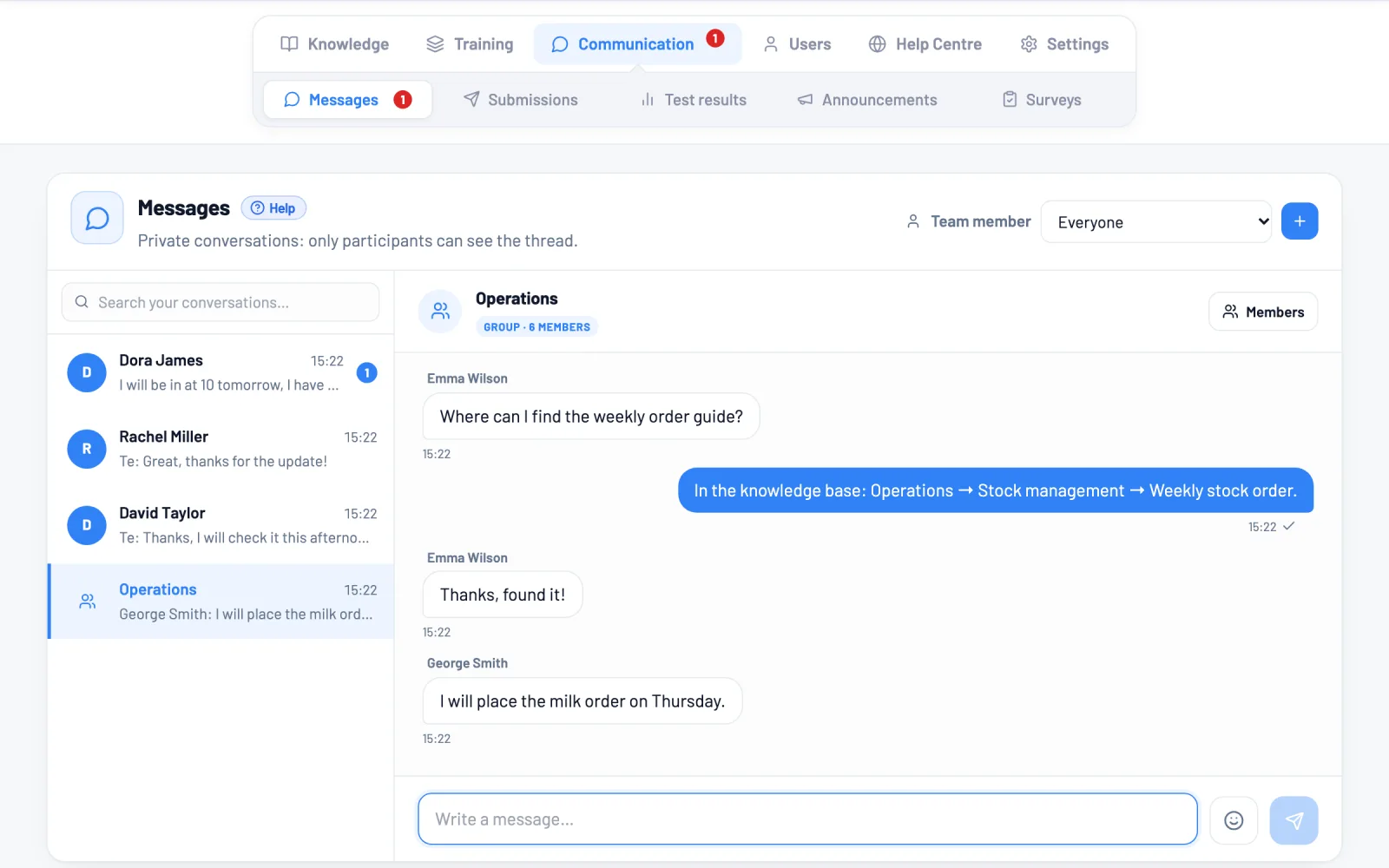 A group conversation in the Operations team