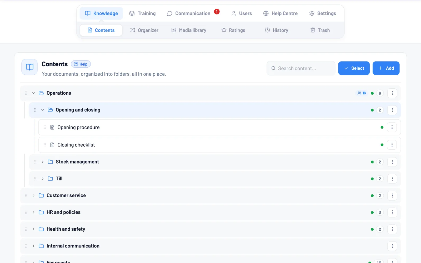 The knowledge base: documents in folders, with the Operations folder open